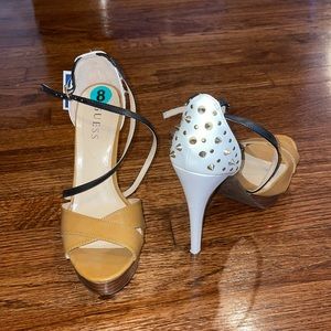 Tan and White Guess strappy heels with embellishments on the heel. Size 8.